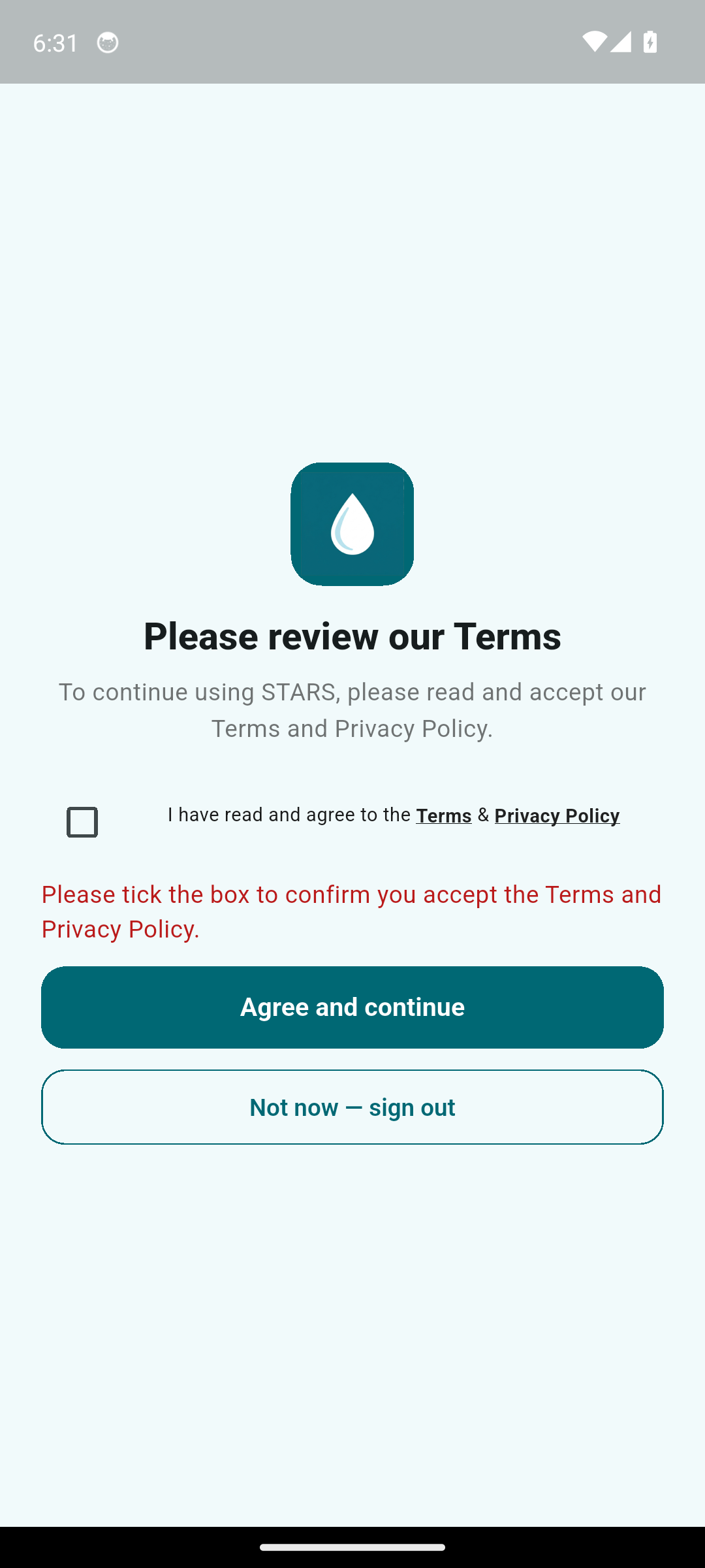 STARS screenshot: accept-terms