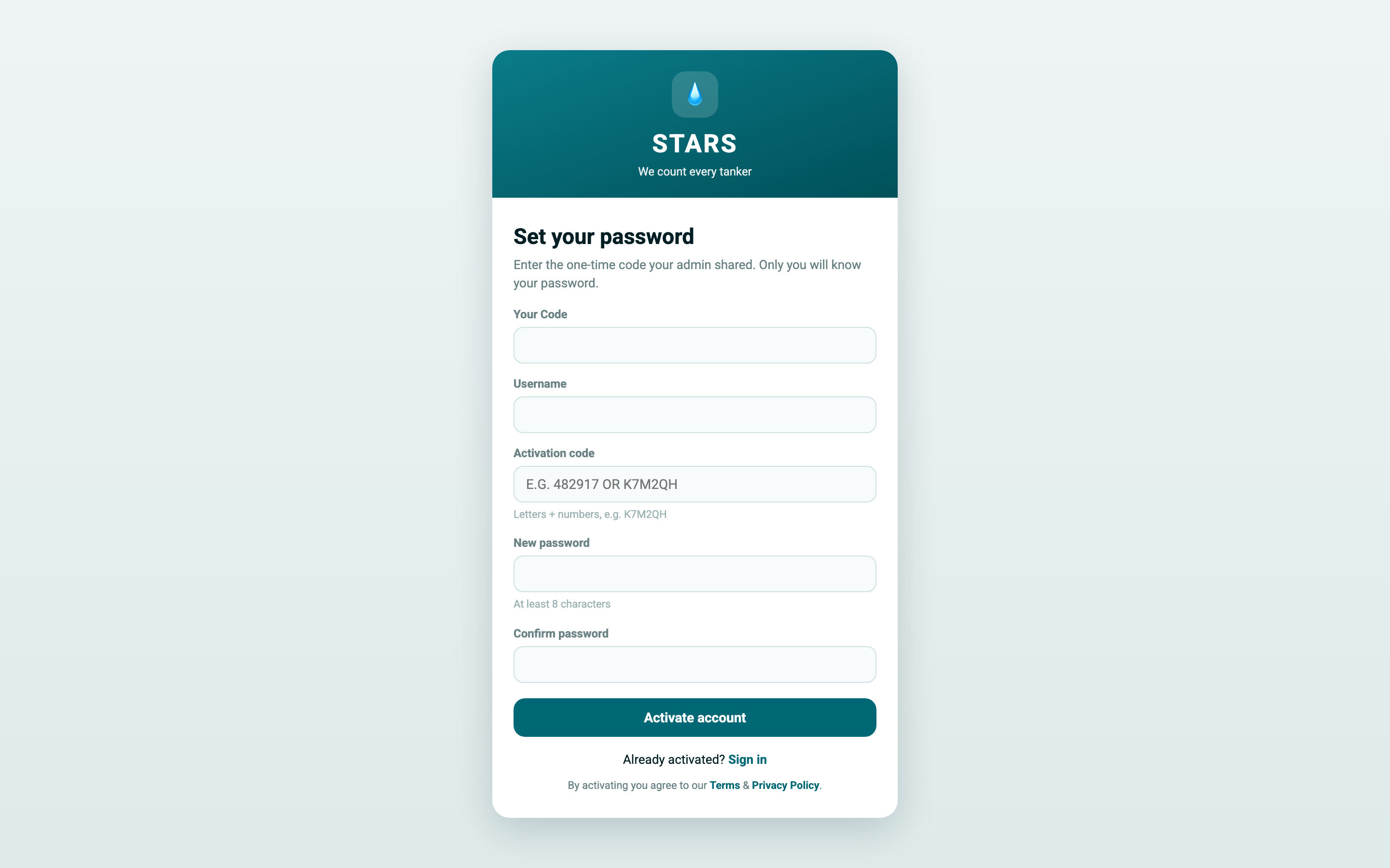 STARS screenshot: activate-account