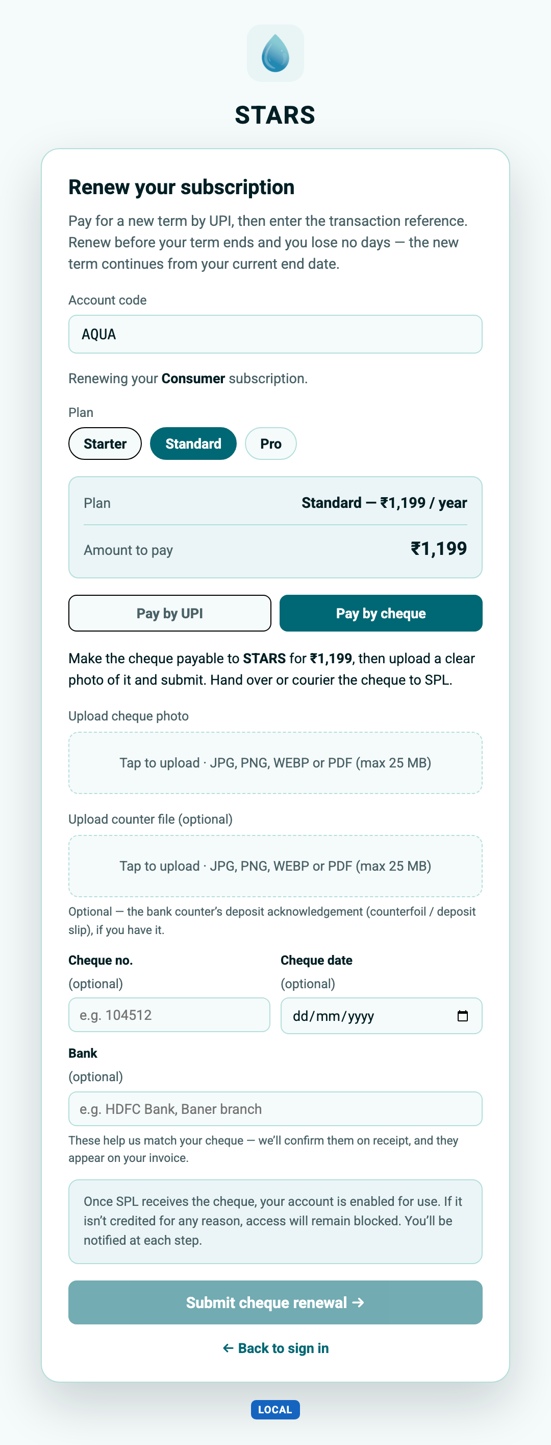 STARS screenshot: paying by cheque