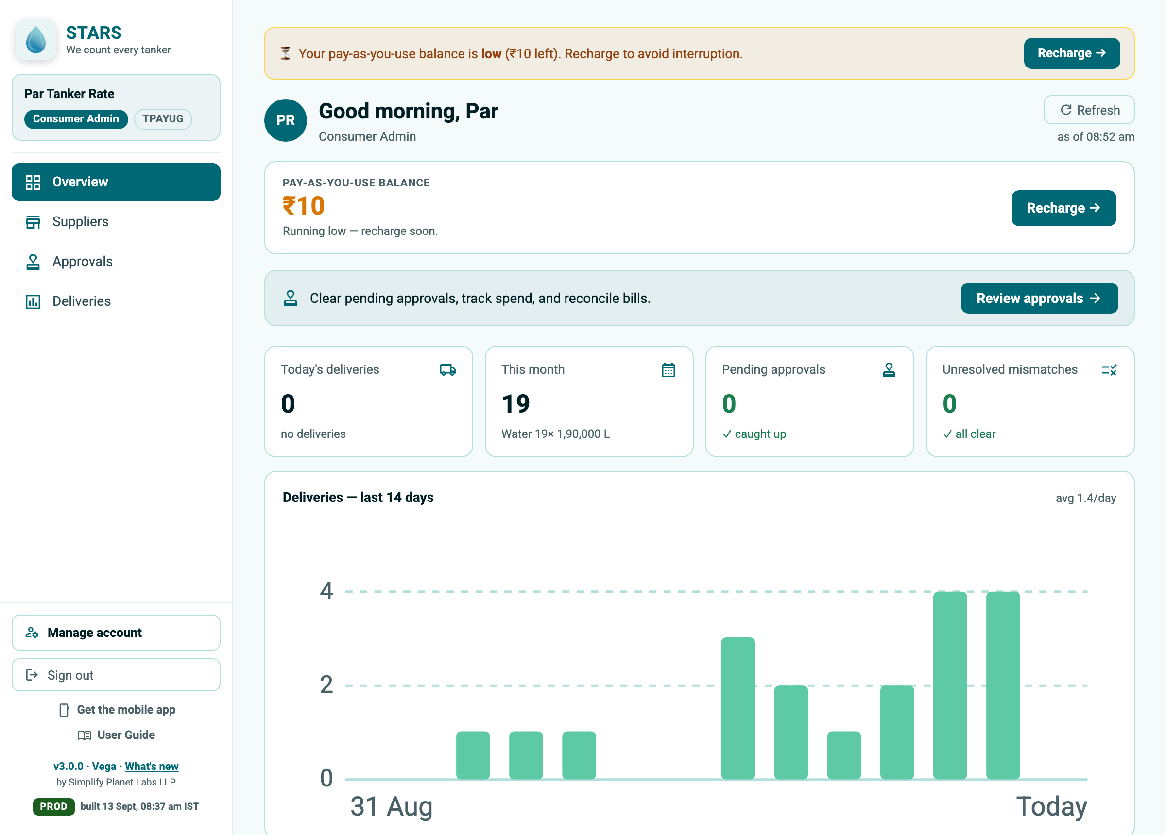STARS screenshot: prepaid balance on the Overview