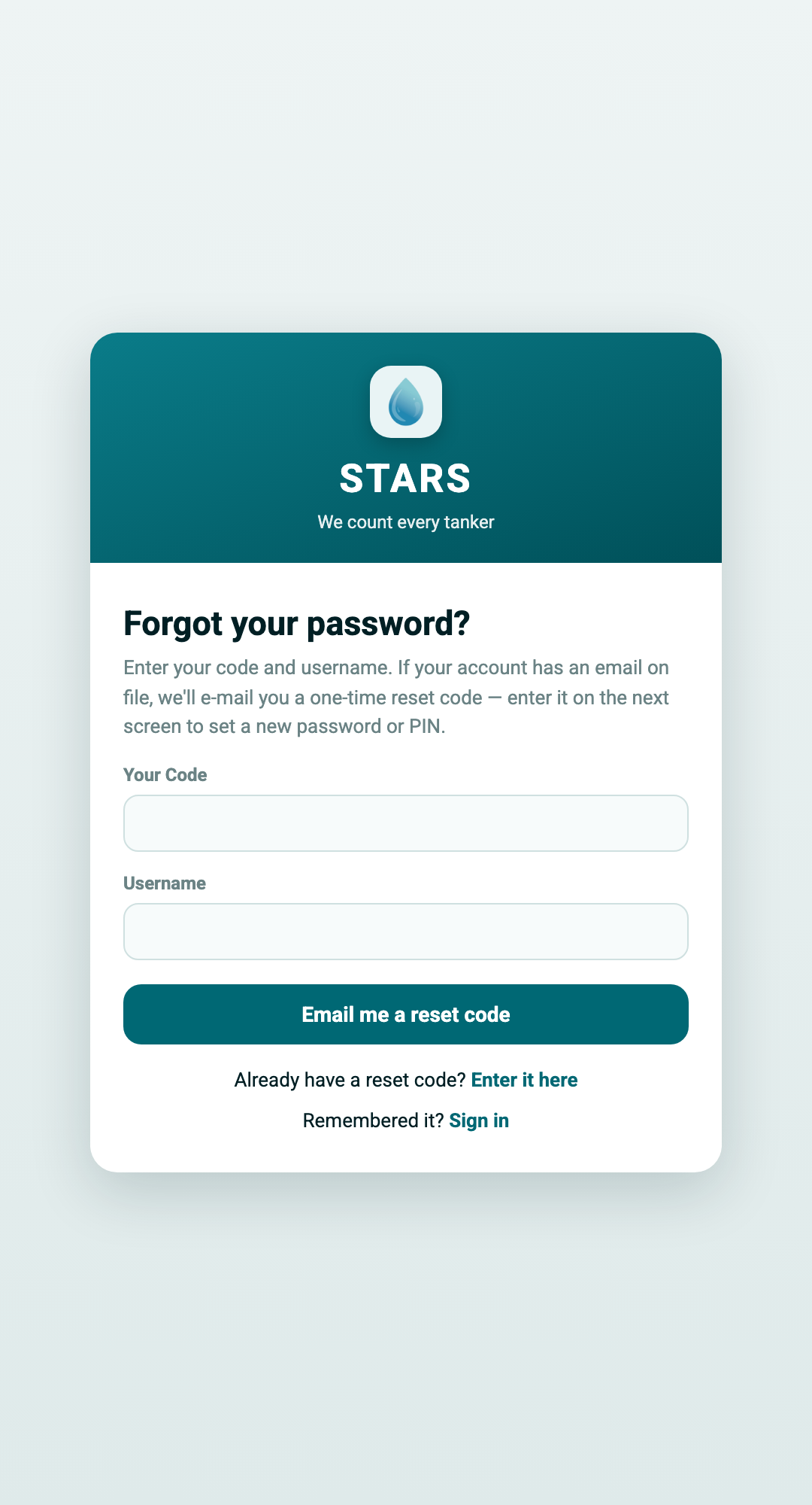 STARS screenshot: forgot-password screen