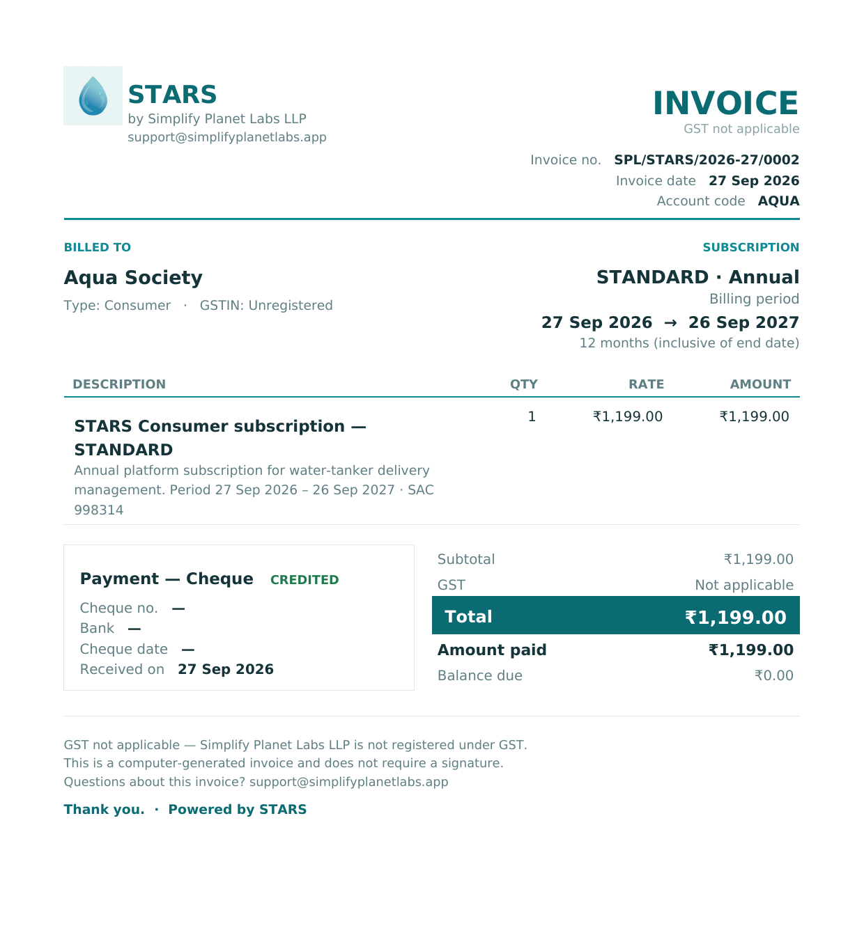 STARS screenshot: subscription payment invoice PDF