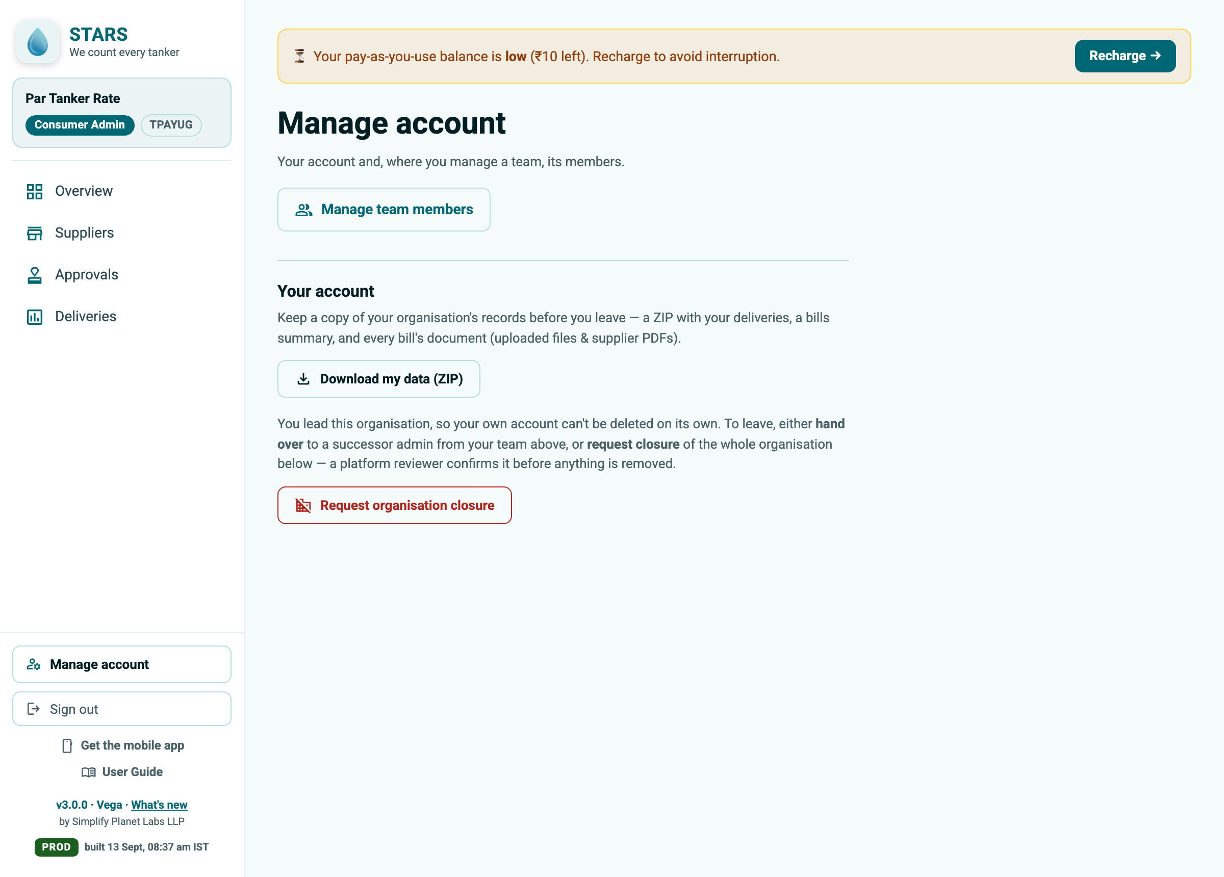 STARS screenshot: manage account