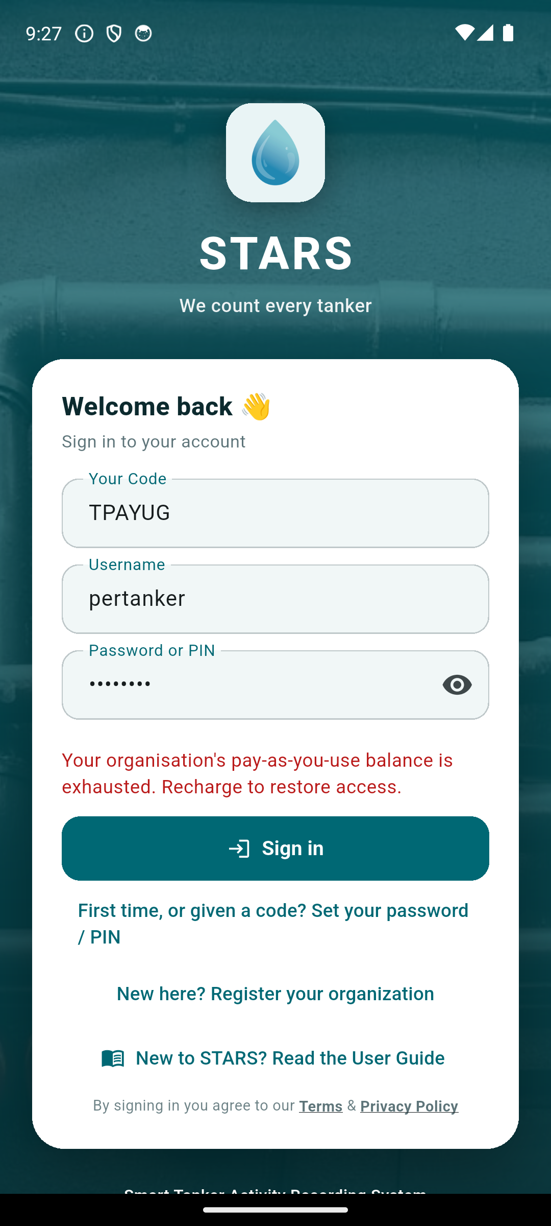 STARS screenshot: recharge prompt for admins and owners