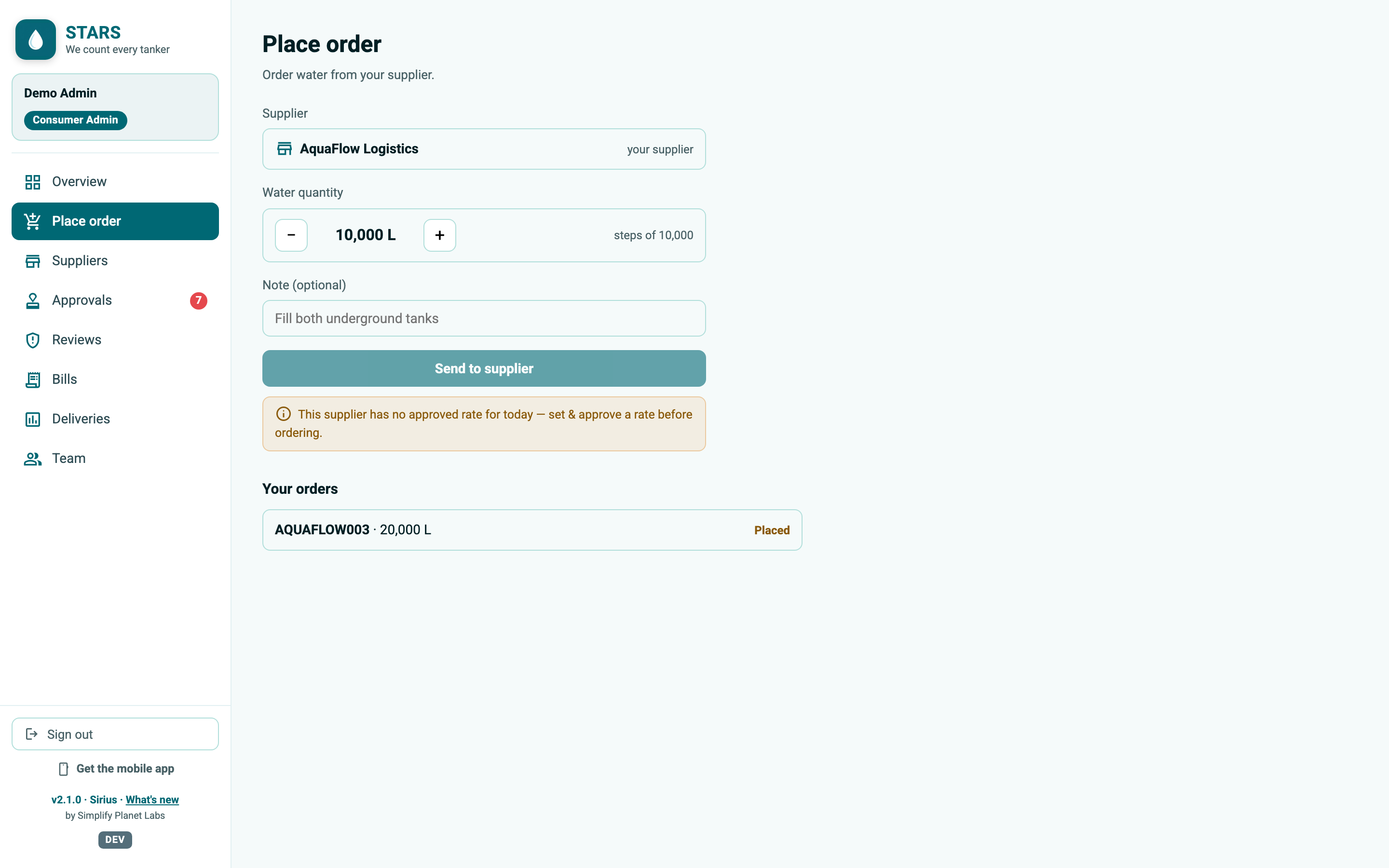 STARS screenshot: place-order
