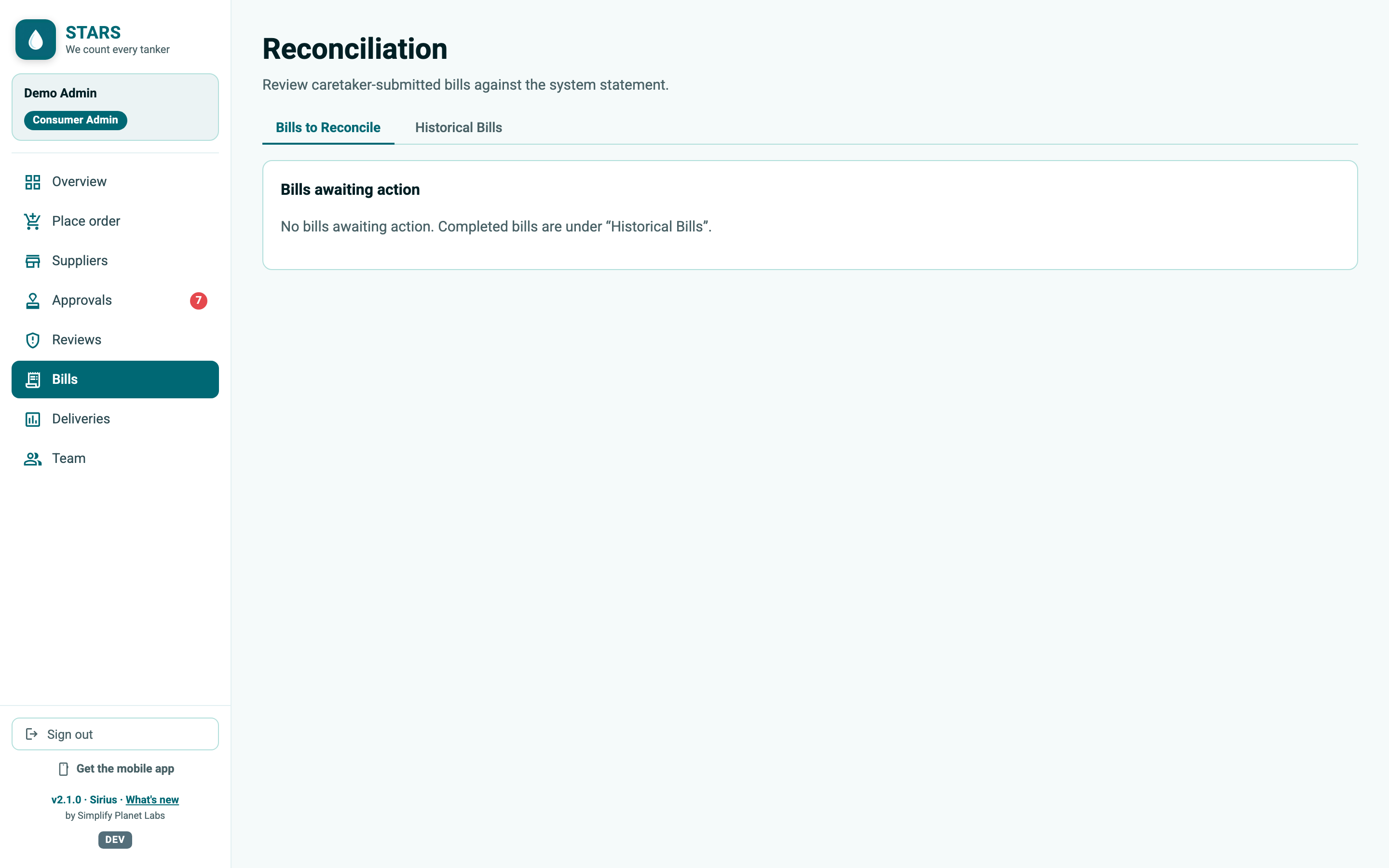 STARS screenshot: reconciliation