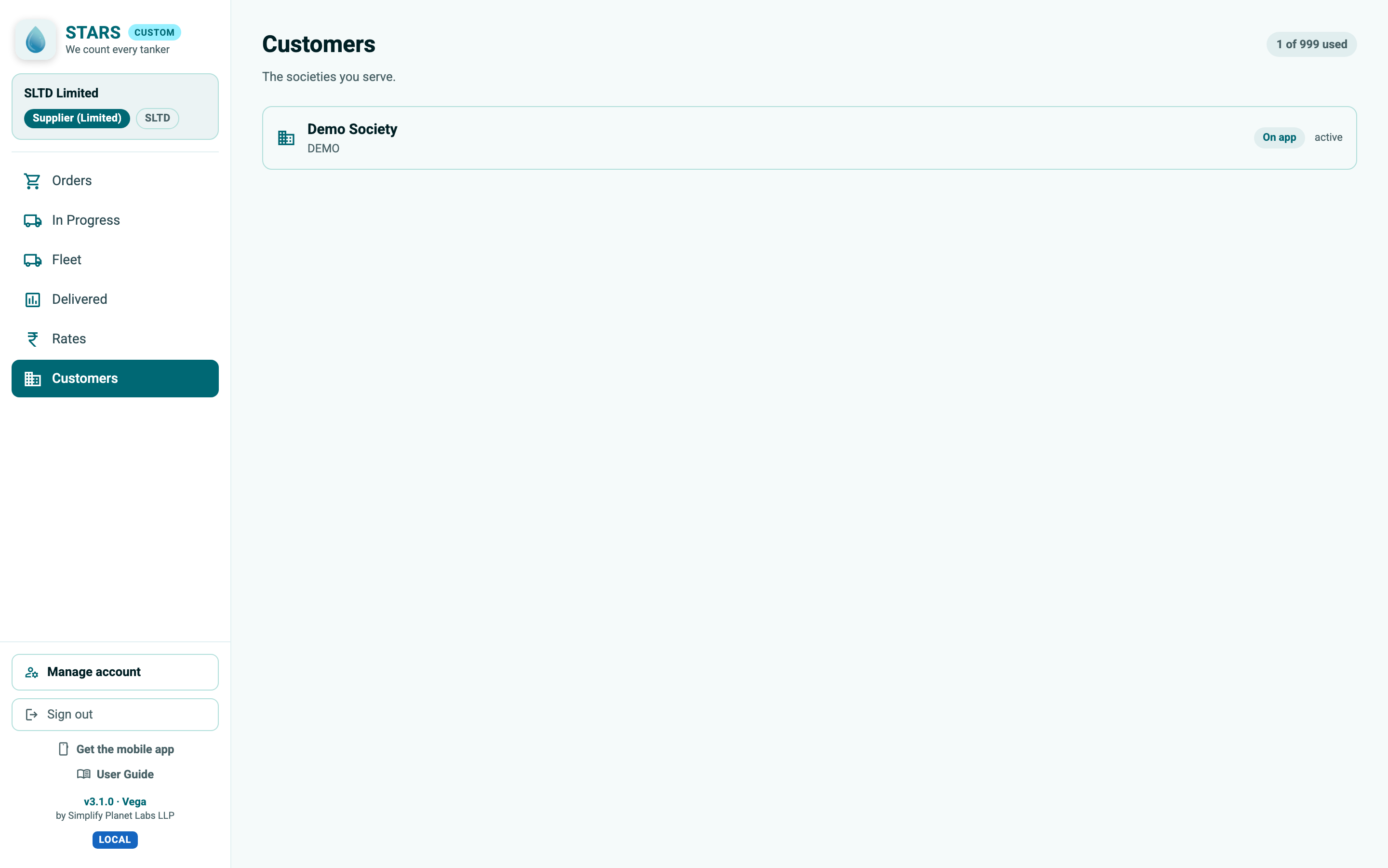 STARS screenshot: focused supplier console serving a Pro customer