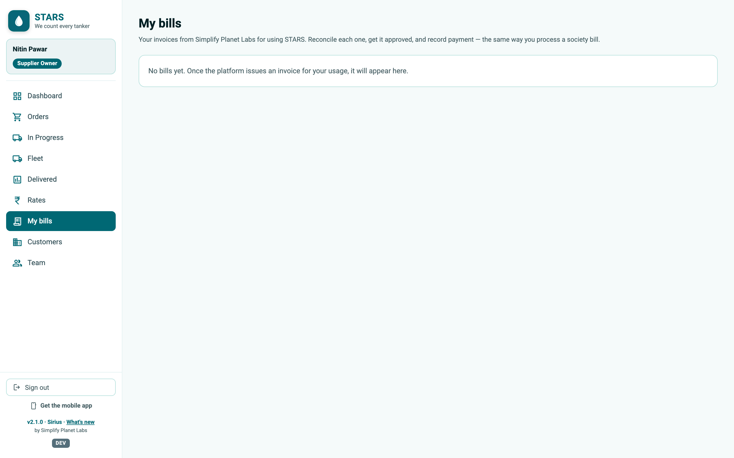 STARS screenshot: supplier-mybills